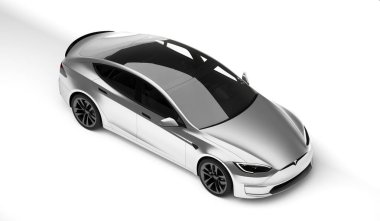 Kazakistan, Almaty - 25 Ocak 2026: Gri Tesla model S ekose beyaz arka planda izole edildi. 3d hazırlayıcı