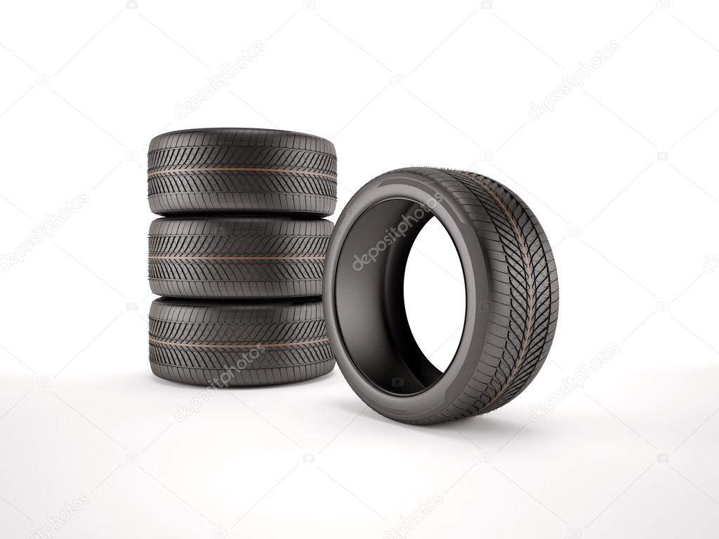 3d illustration of four black spotr tires. Isolated on white