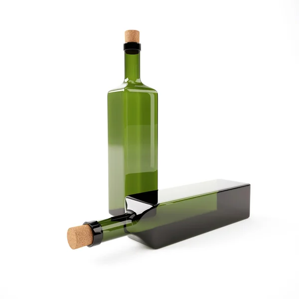 Duas garrafas de vinho de vidro verde vazias isoladas no whit — Fotografia de Stock