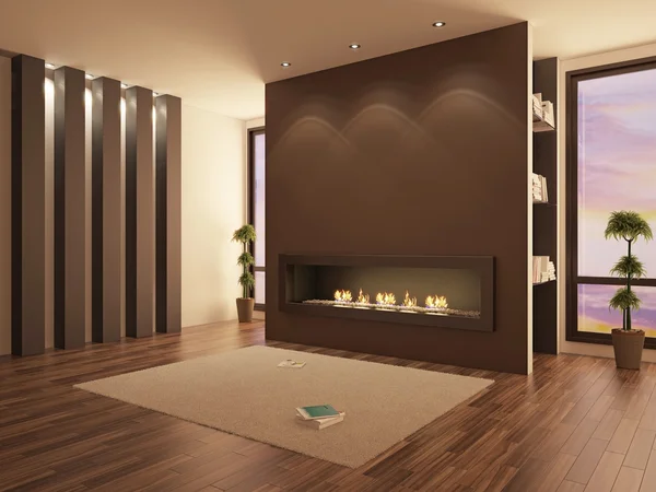 Ilustración 3D de interior moderno con chimenea — Foto de Stock