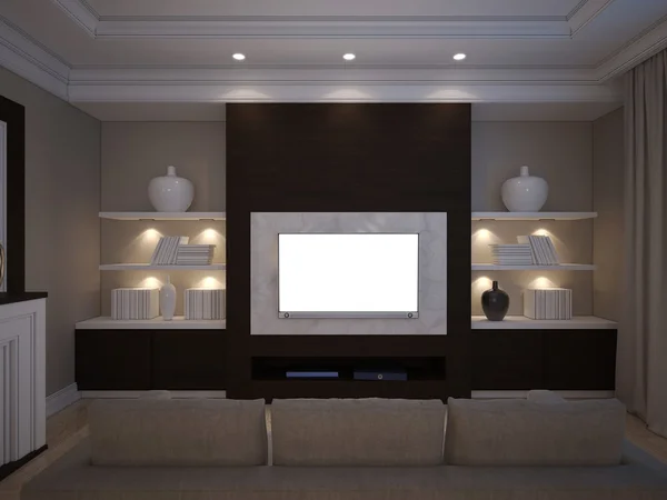 3D illusrtation of TV unit with shelves and backlight — Stock Photo, Image