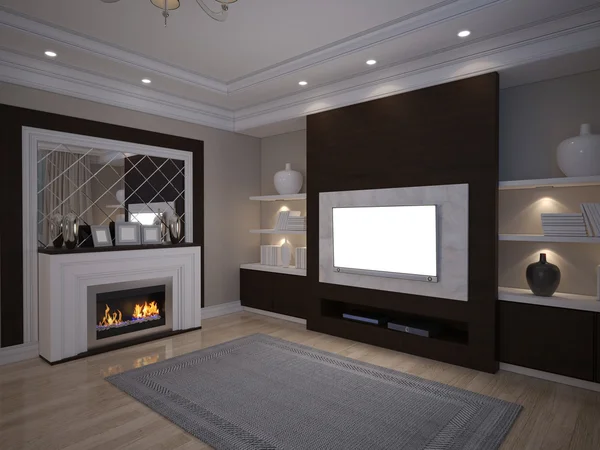 3D illusrtation of TV unit with shelves and fireplace — Stock Photo, Image