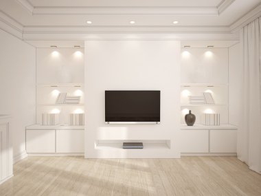 Modern beyaz oturma odası ahşap furnitur ile 3D çizimi