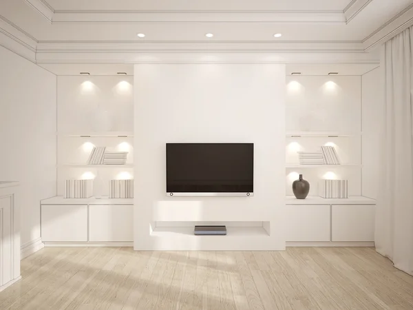 Modern beyaz oturma odası ahşap furnitur ile 3D çizimi