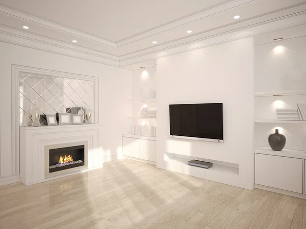 Modern beyaz oturma odası ahşap furnitur ile 3D çizimi