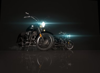 Siyah arka plan üzerine iki eski vintage motosiklet.