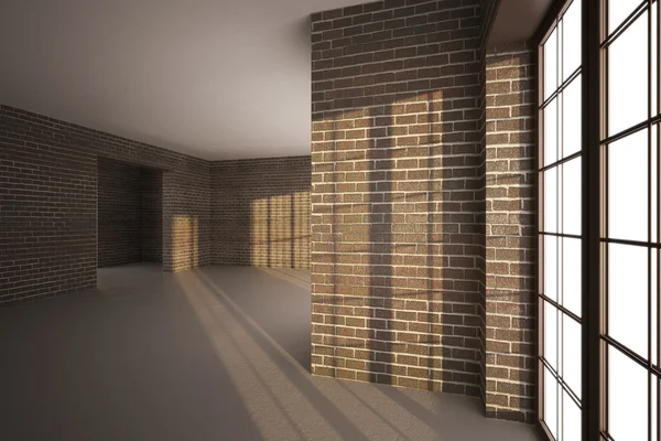 Illustrazione 3d della camera di mattoni con grandi finestre — Foto Stock