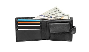 Dolar banknotları ve kredi kartları olan cüzdan..