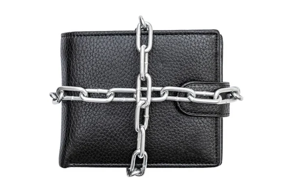 Wallet Crossed Metal Chain White Background Top View — Stock Photo, Image