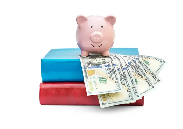 Piggy Bank Money Stack Books Isolated White — Stock Photo, Image