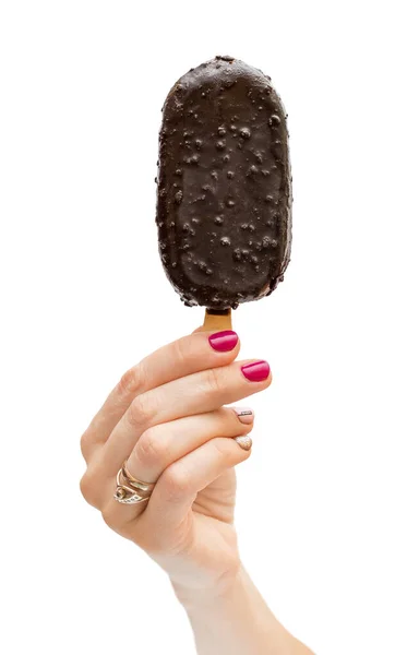 Woman Hand Holding Ice Cream Stick Isolated White — Stock Photo, Image