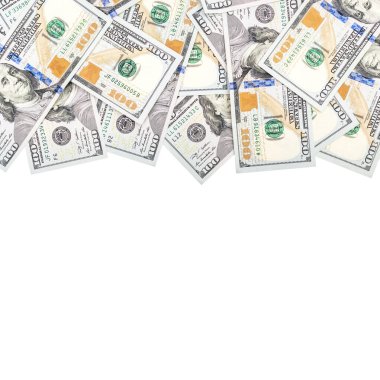 Beyaz arka planda izole edilmiş dolarların sınırı. Metin için boşluk.