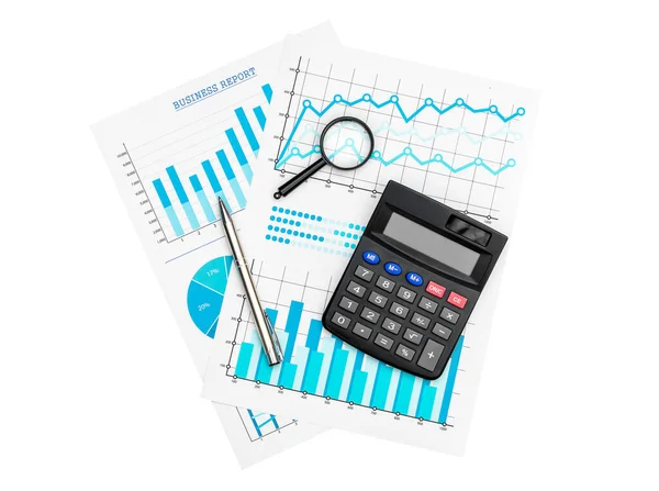Paper Financial Graphs Charts Calculator Magnifying Glass Pen Isolated White — Stock Photo, Image