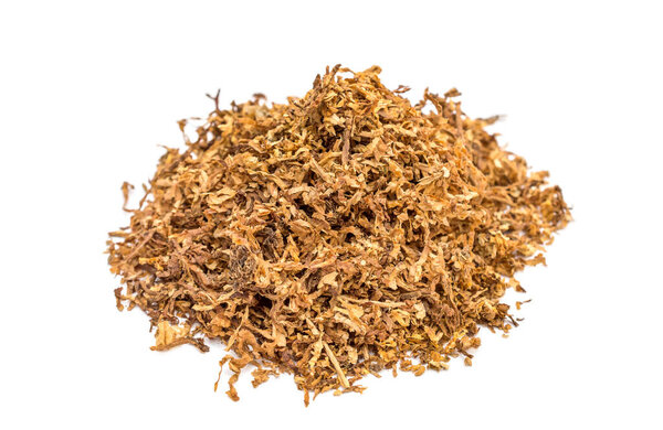 Pile of cut tobacco on white background. 