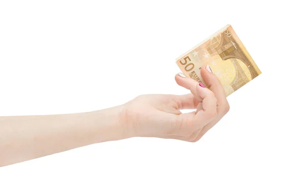 Woman Hand Holding Euro Bill Isolated White Royalty Free Stock Photos