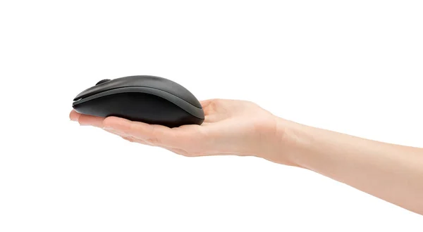 Рука Женщины Держит Черную Компьютерную Мышь Изолированную Белом — стоковое фото