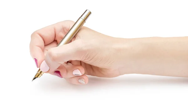Pisanie Rękami Kobiety Długopisem Białym Tle — Zdjęcie stockowe