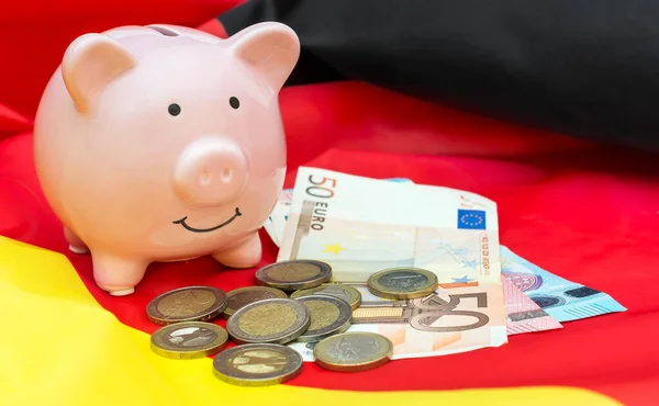 Hucha Con Billetes Monedas Euros Bandera Alemana — Foto de Stock