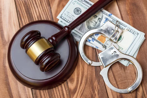 Gavel Handcuffs Money Table Top View — Stock Photo, Image