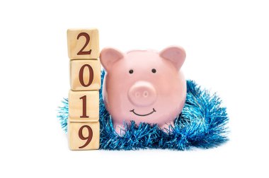 2019 numaralı tahta küpler, beyaz arka planda domuz ve süslemeler. Yeni yıl 2019 konsepti.