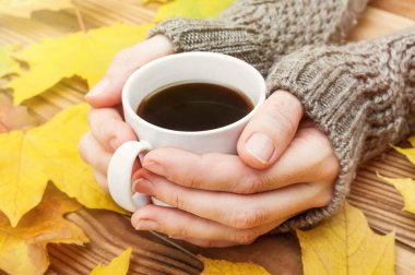 Bir kadının elleri masaya sıcak bir fincan kahve tutuyordu. Sonbahar yaprakları ve örgü eşarpla..