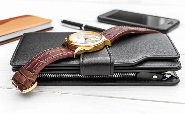 Men Accessories Wooden Table Purse Wrist Watch Smartphone Notepad — Stock Photo, Image