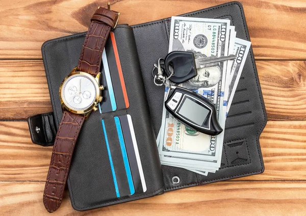 Opened Wallet Money Credit Card Watch Car Key Wooden Table — Stock Photo, Image