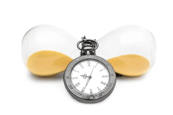 Ampulheta Com Relógio Bolso Branco — Fotografia de Stock