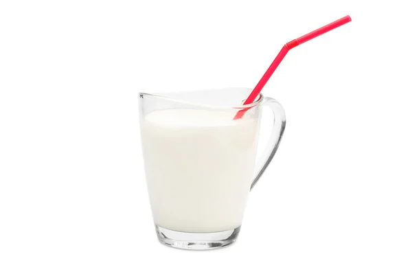 Glasbecher Mit Milch Und Röhrchen Vorhanden Isoliert Auf Weiß — Stockfoto