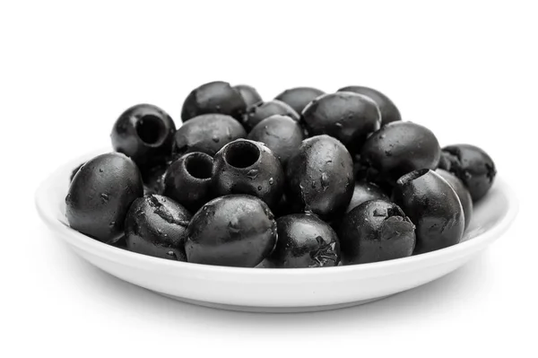 Soucoupe Aux Olives Noires Sur Blanc — Photo