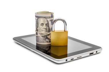 Padlock with money on tablet PC. Isolated on white.