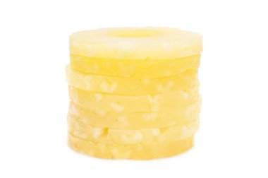 Stack of canned pineapple rings on white.