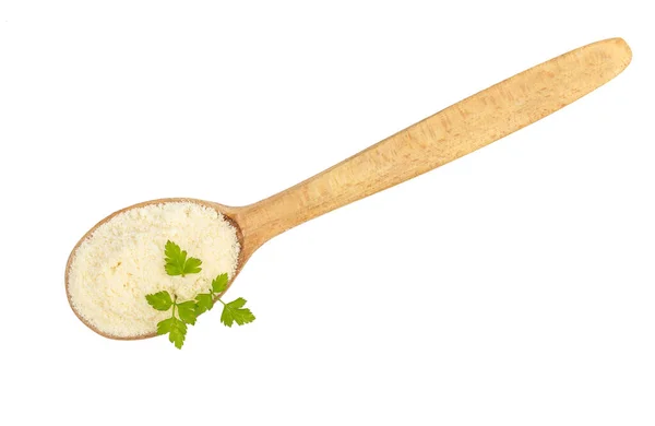 Wooden Spoon Grated Parmesan White Top View — Stockfoto