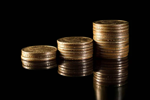 Stacks Gold Coins Black Reflective Background Business Grows Concept — Zdjęcie stockowe