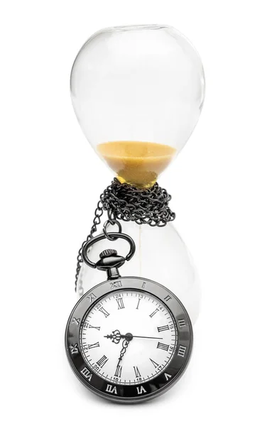 Ampulheta Com Relógio Bolso Branco — Fotografia de Stock