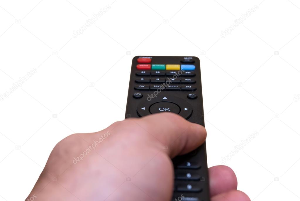 hand holding remote control isolated on white background