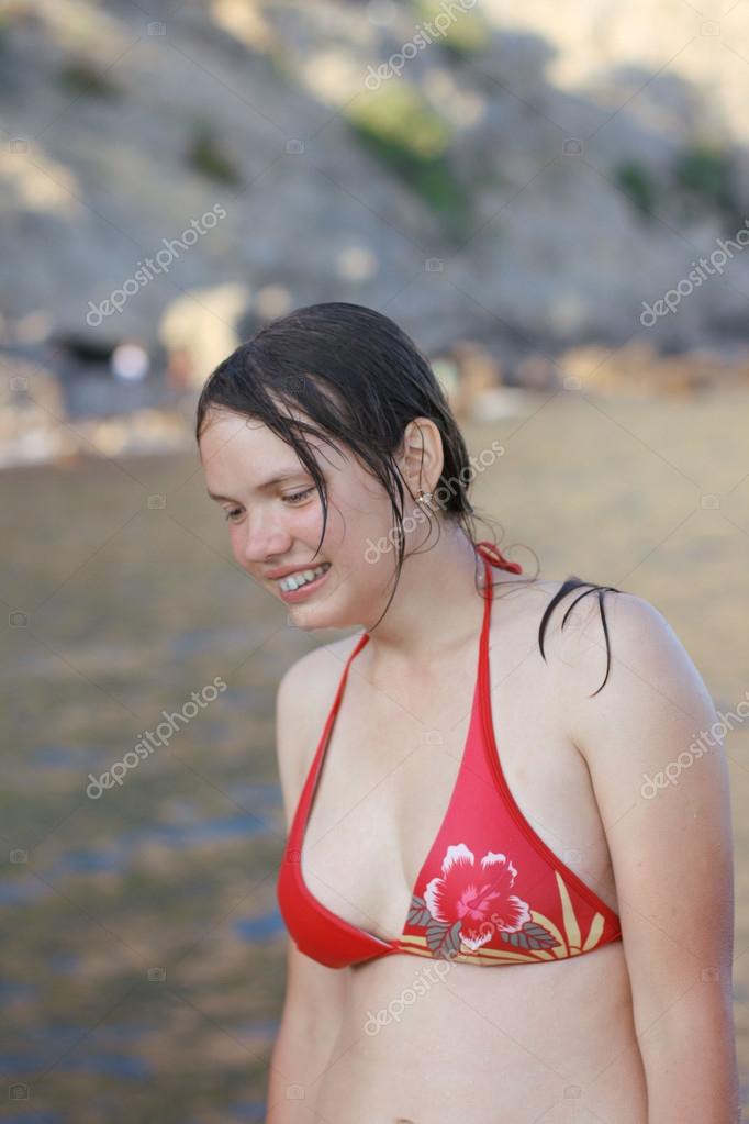 girl in red bathing suit