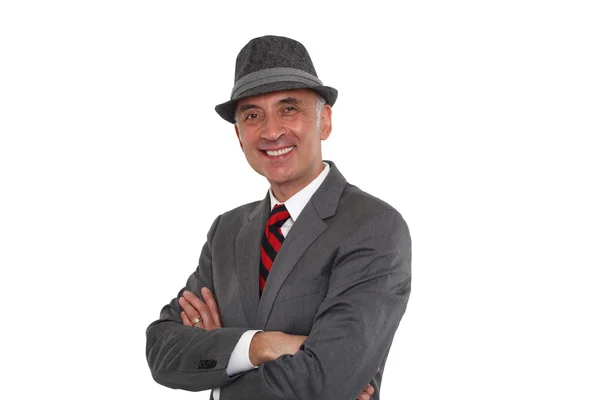Üzleti ember mosolyogva kalapban — Stock Fotó