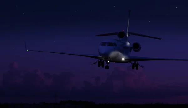 Soukromé letadlo přistání v noci — Stock fotografie