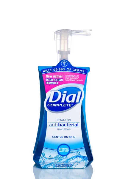 MIAMI, USA - April 21, 2015: 7.5 fluid ounce bottle of Dial complete brand Antibacterial Hand Soap. Pump dispenser bottle. — Stock Photo, Image