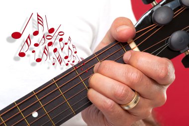 Close up of guitarist hand playing acoustic guitar clipart