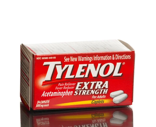 MIAMI, USA - August 31, 2015: Box of Tylenol caplets extra strength pain reliever, fever reducer. — Stock Photo, Image