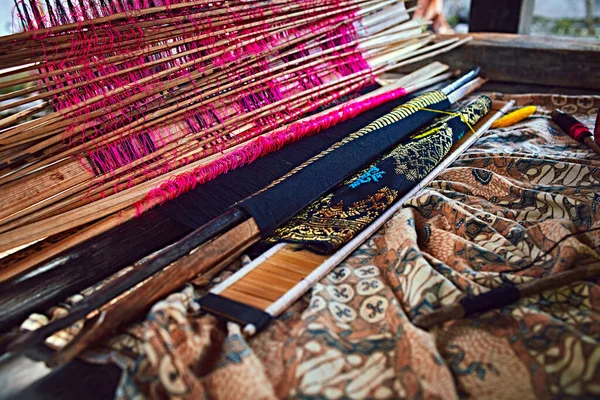 Stoff Weben Weberei Und Herstellung Von Handgefertigten Teppichen Nahaufnahme Handarbeit — Stockfoto