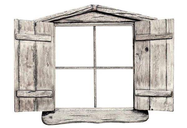 Old Grunge Light Wooden Window Frame Isolated White — Stock Photo, Image