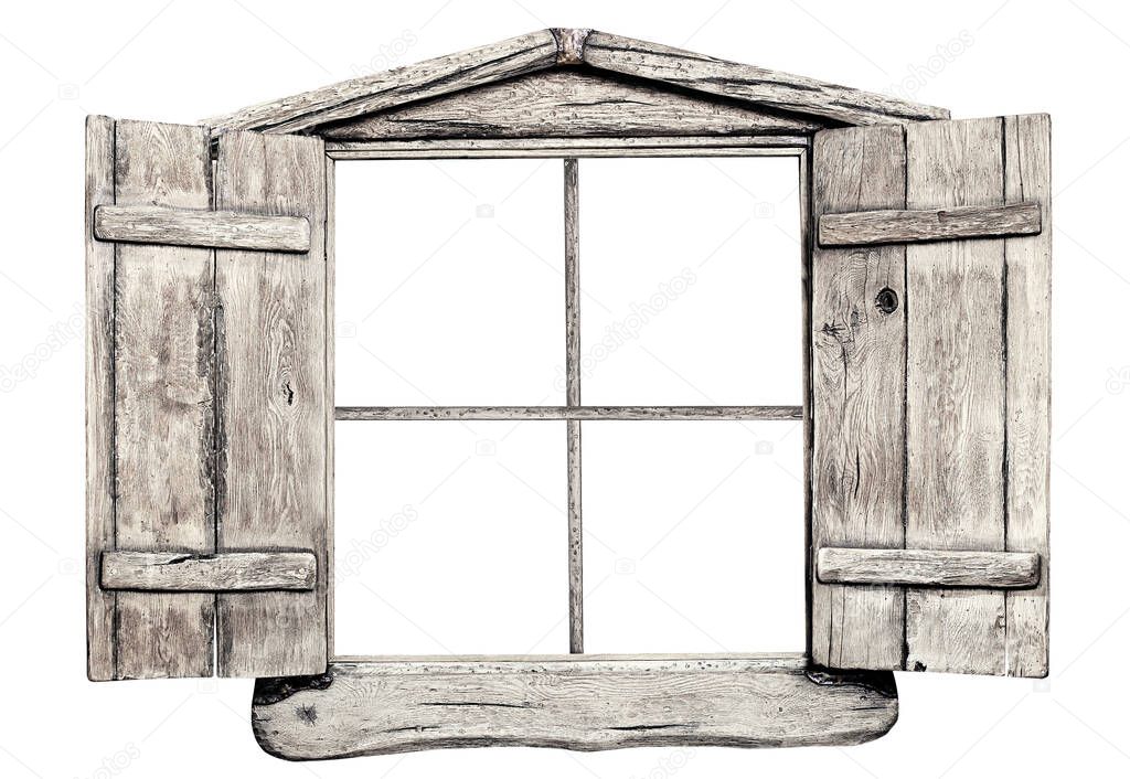 Old grunge light wooden window frame, isolated on white