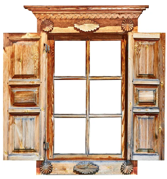 ロシアの民族ヴィンテージ木製の窓 白い上に隔離されたオープンシャッター付き — ストック写真