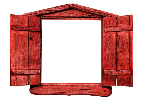 Červené Dřevěné Okno Izolované Bílé — Stock fotografie