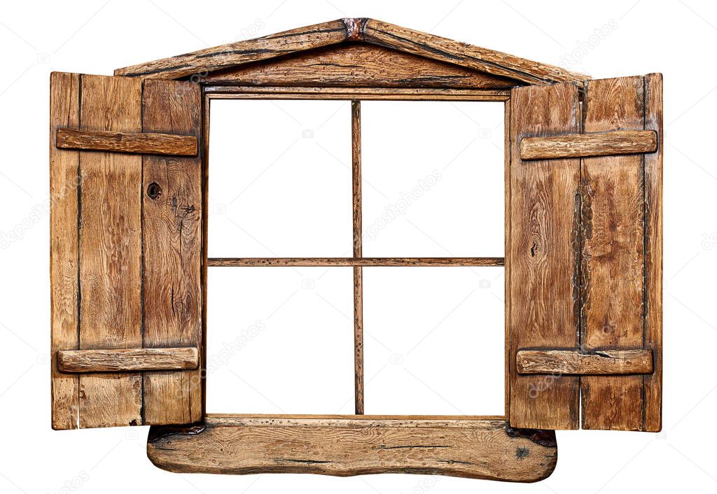 Old grunge wooden window frame, isolated on whit