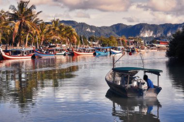 Yerel bir balıkçı tekne parkından denize balık tutmaya gider. Balıkçı köyünde geleneksel renkli Asyalı balıkçı tekneleri. Langkawi Adası, Malezya.