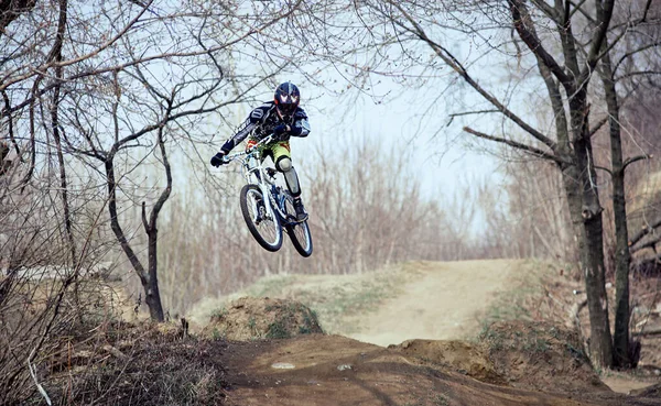 Moscow Russia Apr 2019 Jump Fly Mountain Bike Rider Action — Stock Photo, Image